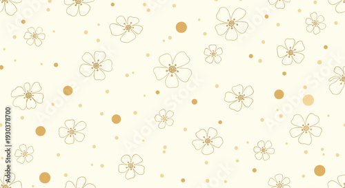 Delicate floral pattern showcasing small beige flowers and dots scattered across a light cream background for a vintage look.