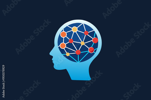 human head silhouette with abstract neural technology grid