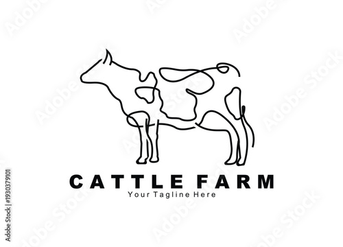 Farm cattle logo drawn with continuous line, black and white simple silhouette, farm animal vector illustration, branding agriculture business