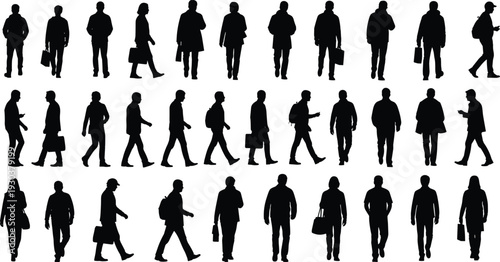 Business people walking silhouette collection in various poses isolated on white background, professional men and women with bags corporate lifestyle concept