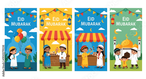 Eid mubarak celebration vector illustrations with kids and food stalls
