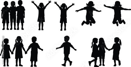 Children silhouette collection in playful poses isolated on white background, happy kids jumping, standing and holding hands concept set