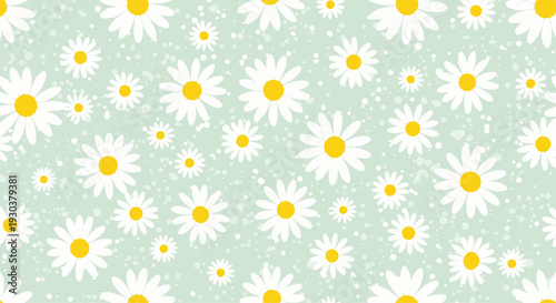 Cheerful pattern of white daisies with yellow centers scattered on a soft mint green background with light splatters or dots.