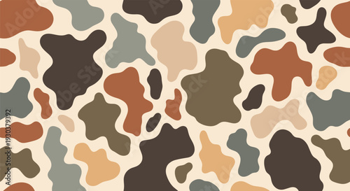 Seamless camouflage pattern composed of organic blotches in shades of brown, tan, and grey, suitable for textile or wall design.
