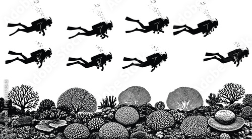 Scuba diving silhouette set with underwater coral reef landscape, divers exploring ocean marine life, adventure travel concept vector illustration isolated