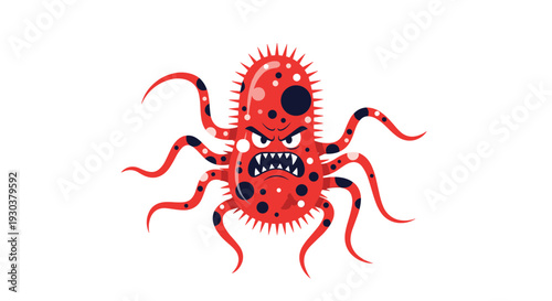 Angry red virus monster with multiple tentacles and sharp teeth represents a dangerous infection or pathogen in a cartoon style.
