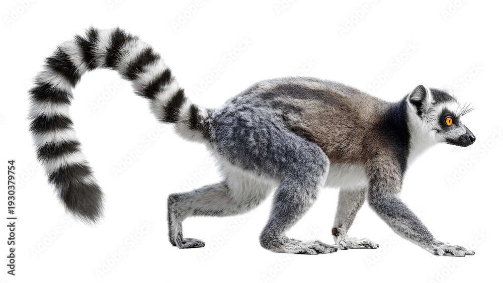 Fototapeta premium Ring-Tailed Lemur Walking Side View Isolated on Transparent Background
