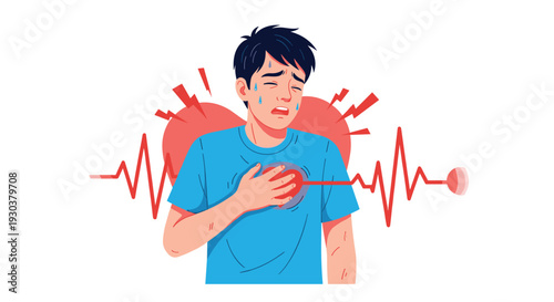 Man clutching his chest in agony as a red heartbeat line and heart symbol pulse behind him, representing a cardiac emergency.
