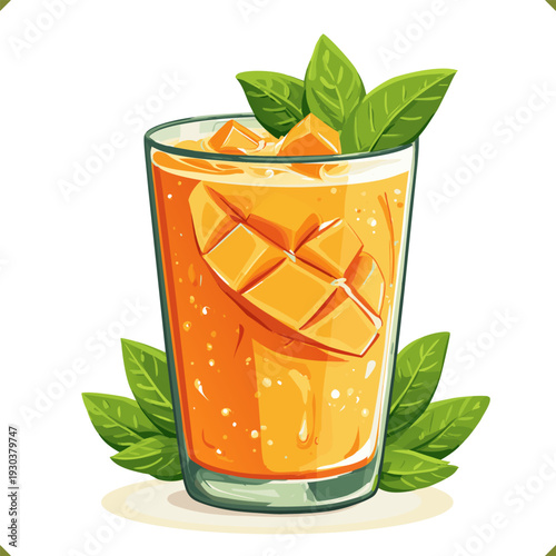 Vector illustration of mango lassi drink in glass with ice cubes, fresh mint leaves and mango slice, isolated on a white background. Vector illustration of sweet tropical beverage