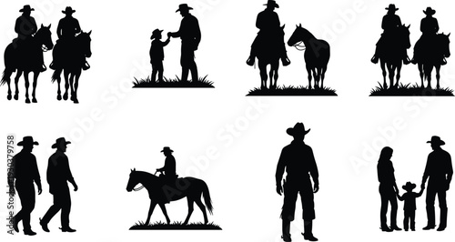Cowboy and horse silhouette collection in various western ranch scenes isolated on white background, country lifestyle and rodeo concept set