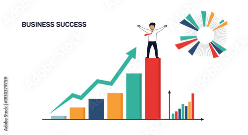 Business professional stands triumphantly at the peak of a rising bar graph, celebrating success and achievement in growth.
