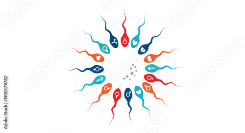 Circle of colorful sperm cells with different gender symbols swimming toward the center, representing fertility and reproduction concepts.