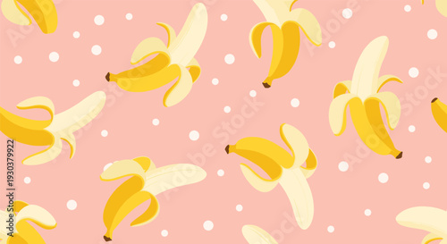 Playful seamless pattern of partially peeled yellow bananas scattered on a light pink background with small white polka dots.