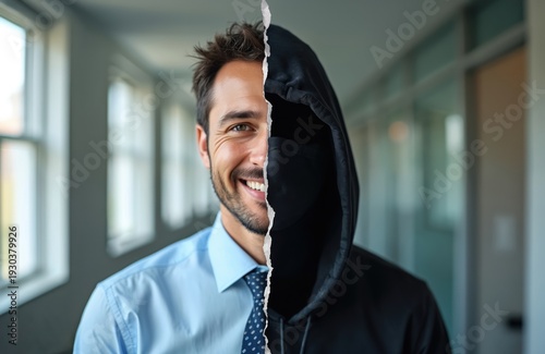 Man wears shirt and tie on one side, black hoodie and mask on other. Represents dual identity duality of trusted employee turned malicious hacker.