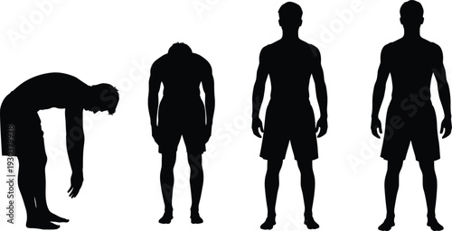 Male body posture silhouette sequence showing tired and upright standing positions isolated on white background, fitness and health concept illustration