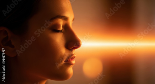 Young woman closes her eyes in profile while bathed in warm, glowing orange light suggesting peace and contemplation.
