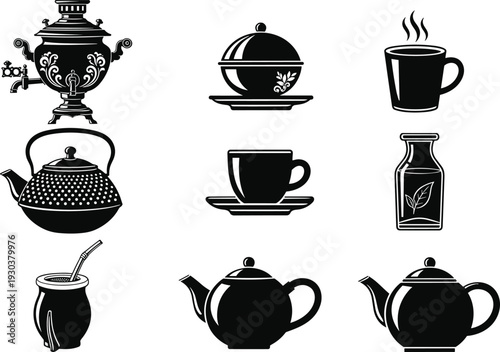 Tea and coffee utensils silhouette set with teapot, samovar, cups, kettle and jar, vintage beverage collection, hot drink icons for cafe and kitchen design