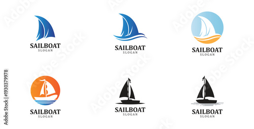 Sailboat logo designs with waves and sun for marine travel and yachting club vector