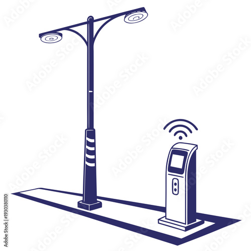 A blue illustration of a street light and a parking meter