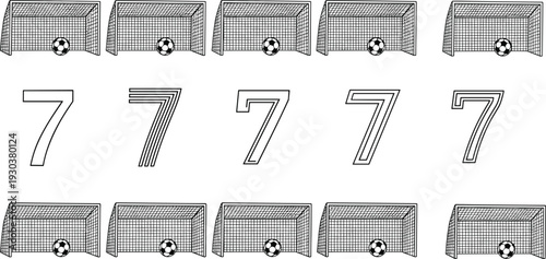 Soccer goal scoring sequence with ball and number seven typography set, football concept illustration isolated, sports achievement symbol vector design