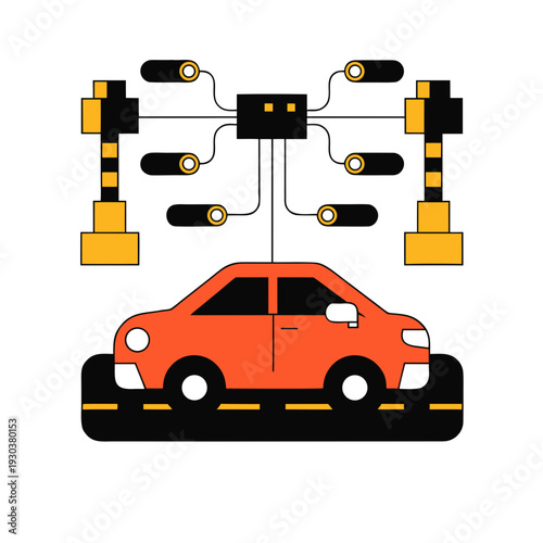 A car is being inspected by robotic arms