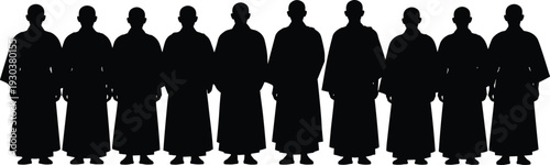 Monk silhouette group standing in traditional robes isolated on white background, religious community and spiritual people illustration concept