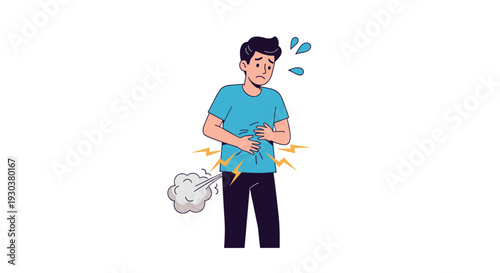 Man suffering from stomach issues clutches his belly with a visible gas cloud behind him to represent indigestion or bloating.