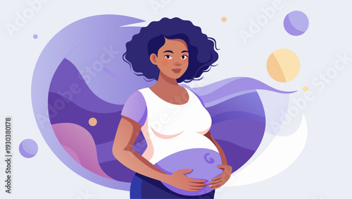 Pregnant woman holding belly with abstract purple background and planets in flat vector illustration