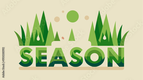 Green season typography design with forest trees and eco landscape elements forming word season in flat vector style