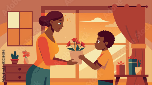 Son giving mother flower in cozy home interior with warm sunset light flat vector illustration