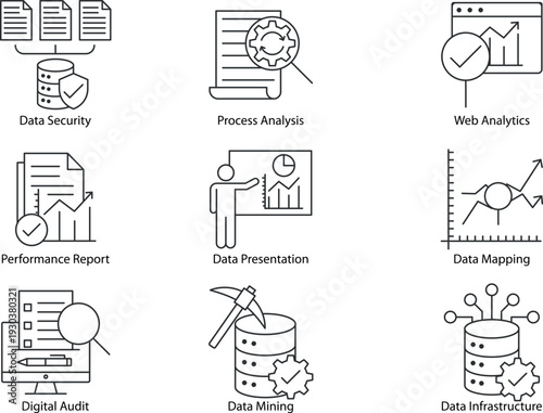 Digital forensic tracking line icons set. Collection of digital forensic tracking, cyber investigation process, activity monitoring, evidence analysis, threat tracking and incident response icons.