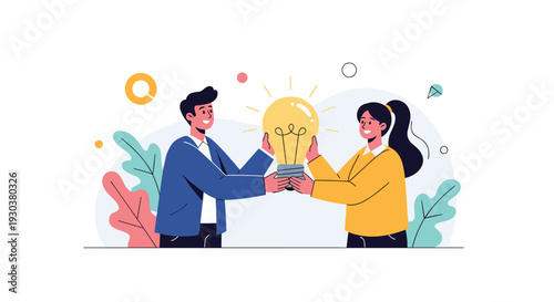 Man and woman working together to hold a large glowing light bulb representing teamwork and sharing a creative idea.