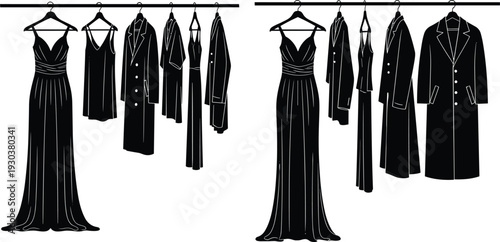 Women fashion clothing rack silhouette with dresses and coats, elegant wardrobe collection, boutique apparel display, black garment set isolated for retail design