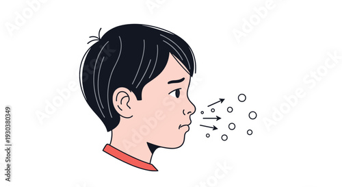 Young boy exhaling air or particles from his mouth depicting the spread of germs or heavy breathing in a simple style.