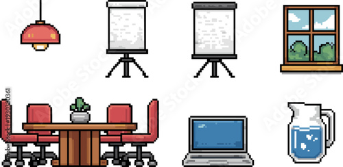 Pixel art office interior furniture set, meeting table chairs laptop window lamp vector illustration isolated