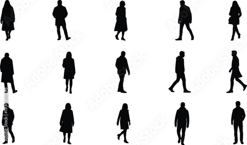Set of walking people silhouettes in winter coats isolated on white background, urban men and women pedestrians collection for design projects