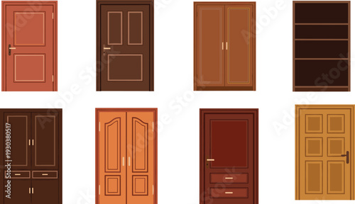 Wooden door and wardrobe collection set with classic and modern interior furniture designs, home decor elements vector illustration isolated
