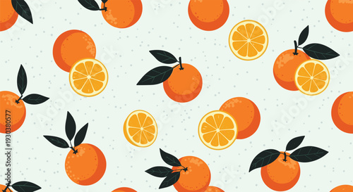 Colorful seamless pattern featuring whole oranges with green leaves and half slices on a light grey background with dots.