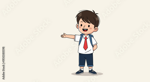 Happy young boy wearing a school uniform and backpack pointing his hand to the side with a friendly and inviting smile.