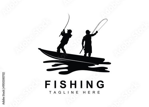 Fishing in boat with two people casting rods on water illustration