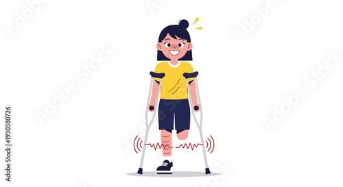 Brave young girl with one leg using crutches and smiling despite her disability representing strength and positivity.