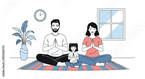 Father, mother, and young daughter sitting on a mat and practicing yoga meditation together in a bright living room.