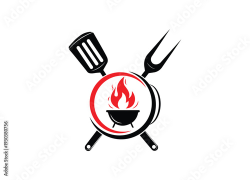 Barbecue grill with spatula and fork for cooking food on fire emblem