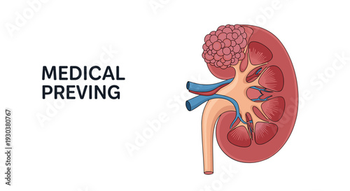 Detailed medical illustration of a human kidney showing a large tumor on the upper part with text medical proving.