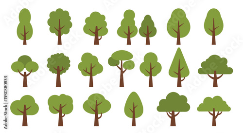 Extensive collection of various green tree icons with different shapes and crown styles on a plain white background.