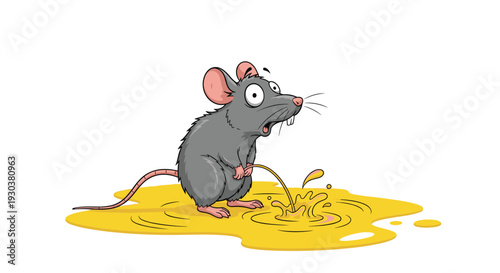 Cartoon of a terrified grey rat standing in a puddle of yellow liquid and looking extremely shocked or surprised.
