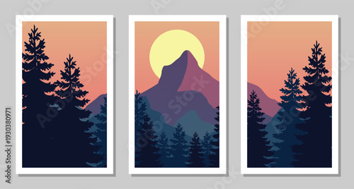 Vibrant mountain landscape with pine trees at sunset