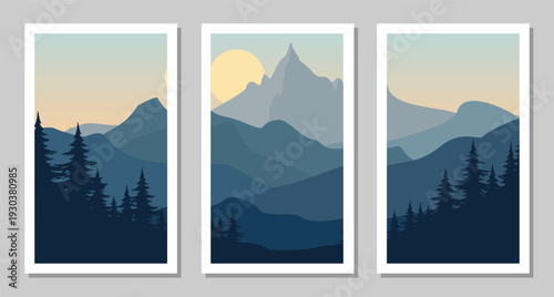A flat vector Serene mountain landscapes with pine trees at sunset