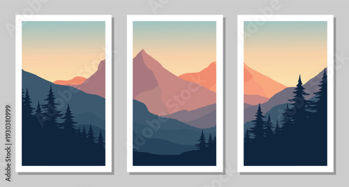 Vibrant mountain landscape with pine trees at sunset in elegant vector art