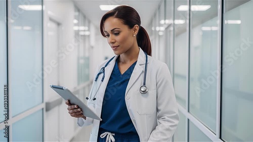 Professional African American female doctor analyzing medical records on a digital tablet in a hospital